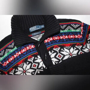Polo Ralph Lauren Men XXL Black Fair Isle Cotton Cashmere Angora Toggle Sweater